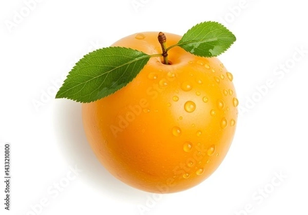 Fototapeta Overhead shot of a plump, yellow plum with a curled green leaf and clear water droplets, isolated on a pure white background, diffused lighting, minimalist composition.