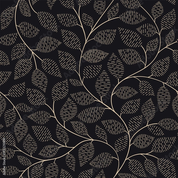 Fototapeta Seamless grey and black floral background with leaves. Hand drawn minimal abstract organic shapes pattern. Delicate vector black abstact pattern with grey terracotta leaves.