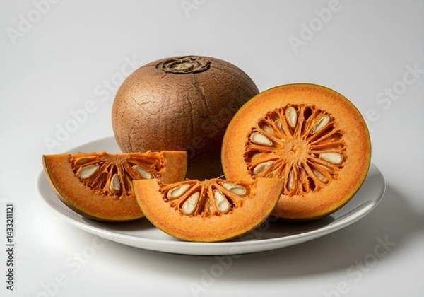 Fototapeta Ripe bael fruit sliced open, isolated on a white background with subtle shadows, natural daylight, emphasizing the fruit's texture and color variations.
