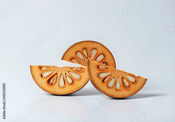 Fototapeta Ripe bael fruit sliced open, isolated on a white background with subtle shadows, natural daylight, emphasizing the fruit's texture and color variations.