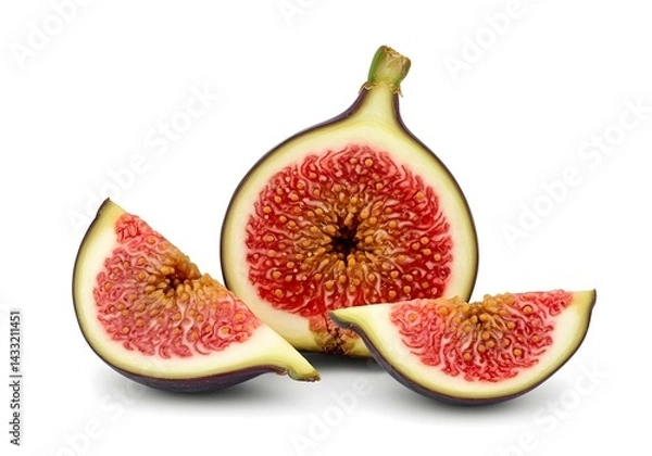 Fototapeta Ripe fig cut open showing seeds, isolated on white background