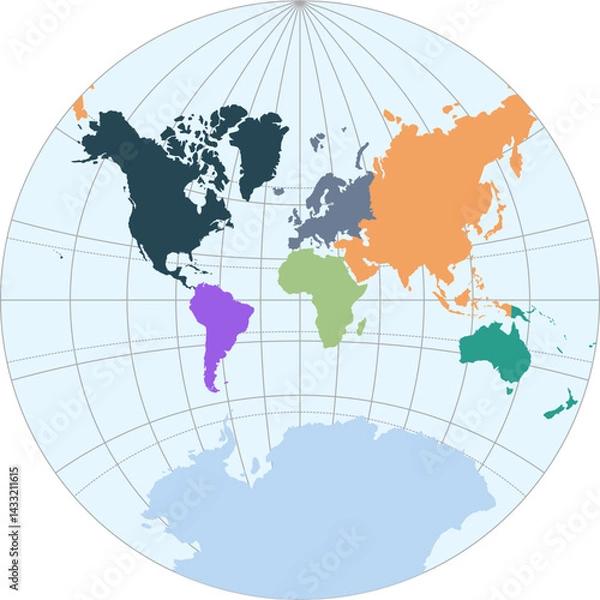 Fototapeta World vector map with continent boundaries and graticules (Lagrange projection, PPT-compatible, pre-colored & fully editable)