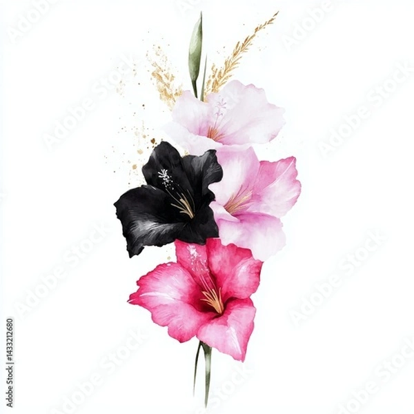 Fototapeta An elegant illustration of gladiolus flowers in black, white, and pink with golden leaves, set in a minimalist style. Perfect for floral designs, decor, or branding with a modern aesthetic.