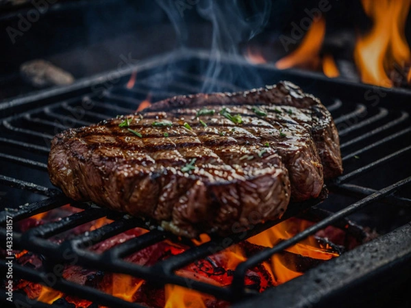 Obraz Juicy steak cooking over an open flame.