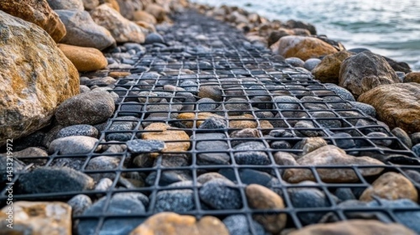 Fototapeta Shoreline revetment safeguards coast, with rocks behind wire mesh, preserving coastline from erosion challenges.
