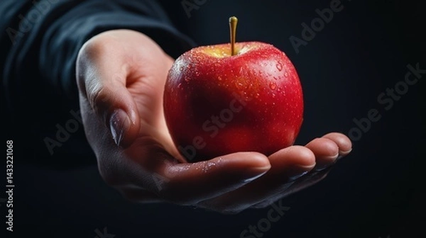 Fototapeta Caucasian hand presents fresh red apple glistening with water droplets against dark backdrop, temptation concept.