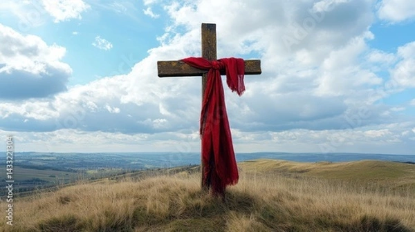 Fototapeta Christian cross stands tall, red cloth draped over, symbolizing faith hope, amidst nature's backdrop.