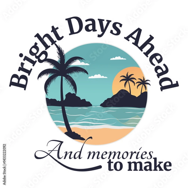 Fototapeta Summer T-shirt Print Design. Typography Beach Badge – Palm Trees and Mountains in a Round Print