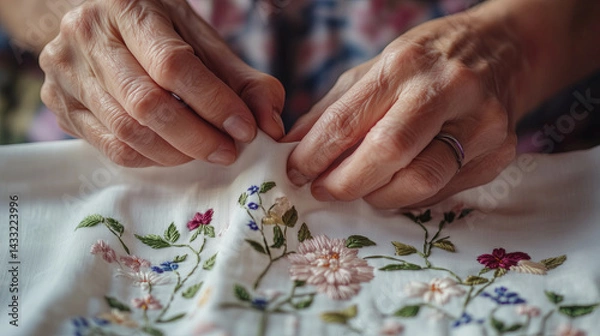 Fototapeta Close-up of woman hands carefully embroidering floral patterns on fabric