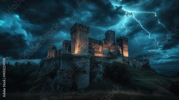 Obraz Medieval castle stands tall against stormy night, lightning illuminates dark sky, creating dramatic, powerful scene.