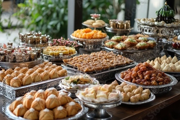 Obraz A festive dessert table featuring traditional sweets like baklava and maamoul