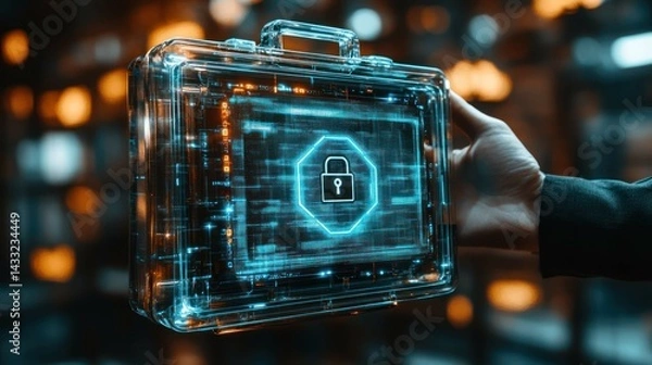 Fototapeta Hand holds transparent briefcase with digital padlock, symbolizing cybersecurity, information protection, technology.