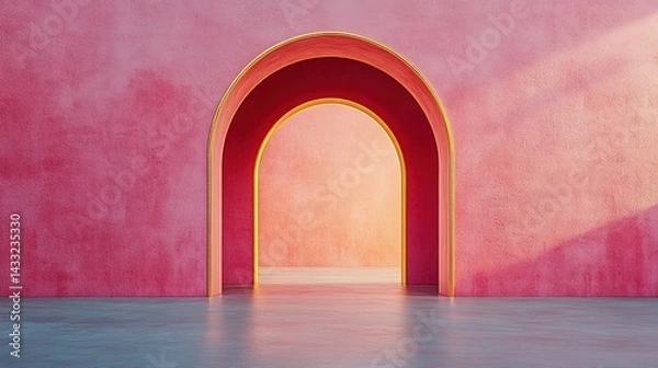Fototapeta Pink Wall with Nested Golden Archway Entrance