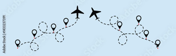 Fototapeta dotted route line the way airplane. Plane paths. Aircraft tracking, planes, travel, map pins, location pins. Vector illustration.
