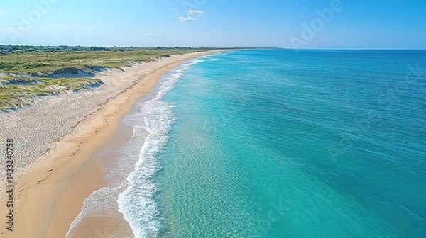 Fototapeta Pristine Sandy Beach Meets Azure Ocean Under Clear Blue Sky