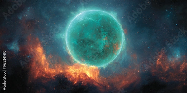 Fototapeta Teal planet surrounded by orange nebula, cosmic scene suggesting mystery and vastness, ideal for science fiction or fantasy themes