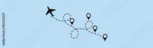 Fototapeta dotted route line the way airplane. Plane paths. Aircraft tracking, planes, travel, map pins, location pins. Vector illustration.