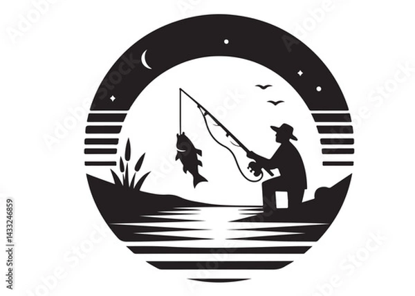 Fototapeta silhouette of fishing logo vector design, fishing logo icon silhouette, catching fish with man vector silhouette, fisherman logo black silhouette on white background.