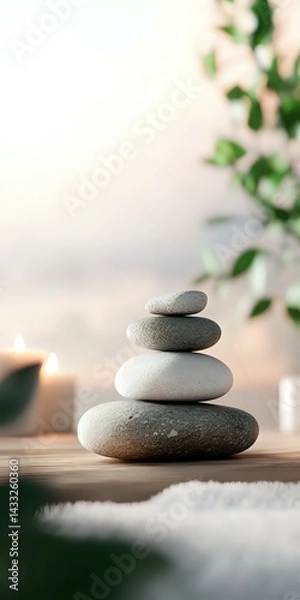 Fototapeta Balanced zen stones pyramid with burning candles and green leaves on blurred background. Peaceful spa and meditation atmosphere for wellness centers.