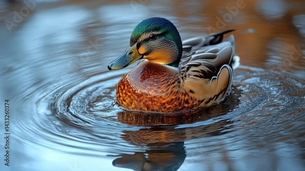 Fototapeta Duck swimming in water creating ripples on a pond surface.