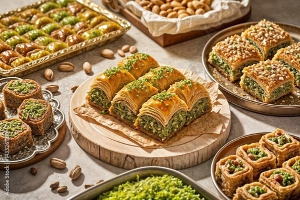 Obraz assorted flavors of turkish baklava pistachio and other turkish sweets surtido de sabores de baklava turca con pistacho y otros dulces turcos