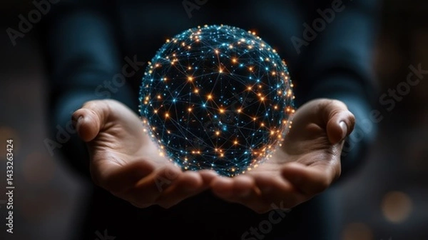 Fototapeta Hands holding a glowing sphere with interconnected dots in a dark setting.