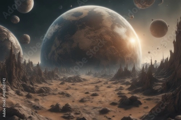 Fototapeta AI-generated stunning alien landscape featuring multiple planets and rocky terrain