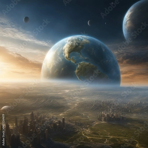 Fototapeta AI-generated futuristic cityscape with a giant Earth-like planet and multiple moons in the sky