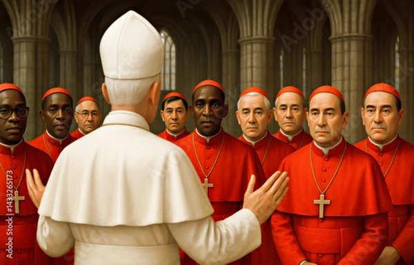Fototapeta Scene of Pope speaking to cardinals in conclave inside a historic cathedral. Illustration of a cathedral where the Pope, with his back turned, addresses a group of cardinals dressed in red liturgical 