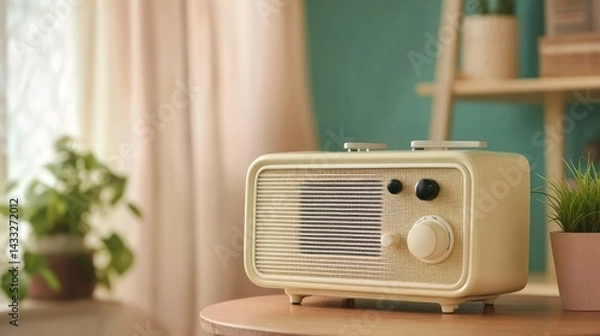 Fototapeta Retro radio sits gracefully showcasing classic design speaker emits sound near potted plant.