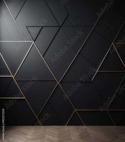 Fototapeta A striking black and gold geometric pattern overlays a rich wooden floor, creating a sophisticated and modern backdrop that exudes elegance and style.