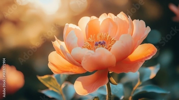 Obraz an orange peony-like mountain flower glowing in sunset light, layered petals, warm soft tones, macro shot, vertical botanical photo