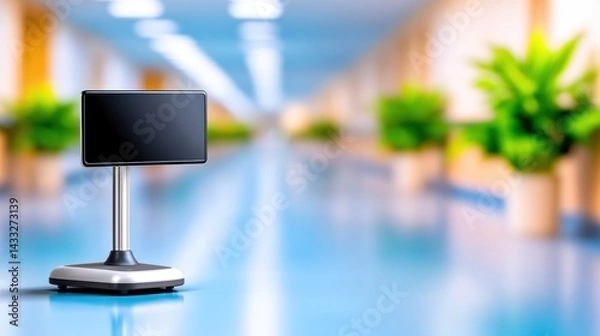 Fototapeta A sleek digital display stands in a modern hallway, surrounded by greenery, suggesting a blend of technology and nature in a vibrant environment.
