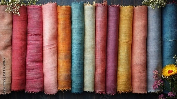 Fototapeta Row of Rolled Textured Fabrics in Earthy Tones with Floral Accen