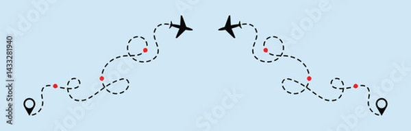 Fototapeta dotted route line the way airplane. Plane paths. Aircraft tracking, planes, travel, map pins, location pins. Vector illustration.