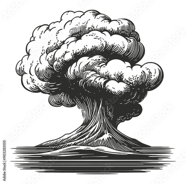 Obraz Engraving Style Illustration of Erupting Volcano with Dramatic Clouds
