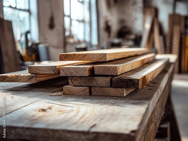 Fototapeta A wooden table in a woodworking workshop with several