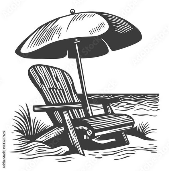 Obraz Classic Beach Scene with Chair and Umbrella in Engraving Style