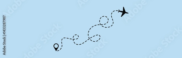Fototapeta dotted route line the way airplane. Plane paths. Aircraft tracking, planes, travel, map pins, location pins. Vector illustration.