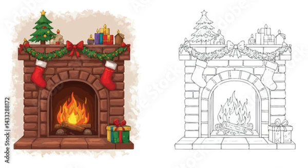 Obraz Cozy Holiday Fireplace: A festive holiday fireplace, adorned with a Christmas tree, stockings, and garland, evokes a sense of warmth and anticipation of the holiday season.