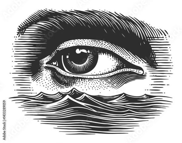 Obraz Intricate Eye Illustration with Waves in Engraving Style Art