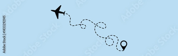 Fototapeta dotted route line the way airplane. Plane paths. Aircraft tracking, planes, travel, map pins, location pins. Vector illustration.
