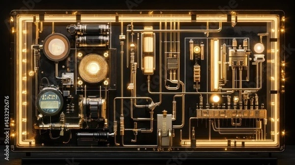 Fototapeta A glowing golden intricate circuit board with many components