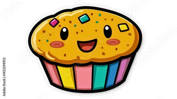 Fototapeta A delicious muffin with rosy cheeks, smiling, dusted with brown sugar, on a transparent background in sticker form.