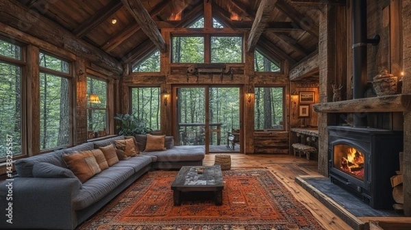 Fototapeta Rustic Cabin Interior with Forest Views and Burning Fireplace