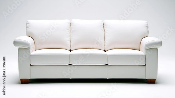 Fototapeta A pristine white leather couch with three cushions sits elegantly against a clean, minimalist backdrop today.