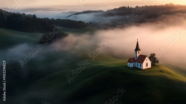 Obraz A quaint chapel with a tall spire is perched on a gently sloping hill, enveloped in morning mist. The surrounding valleys are lush and green, creating a peaceful and serene atmosphere at dawn