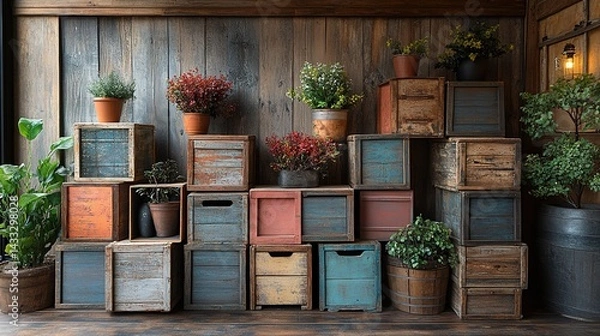 Fototapeta Rustic Charm: Potted Plants on Colorful Wooden Crates Against a