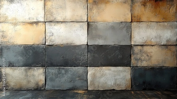 Fototapeta Textured Wall of Varied Color Tiles with Dark Wood Baseboard in