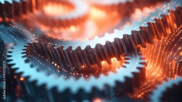 Fototapeta Metal gears interlock with light, representing mechanical process, precision, industrial automation, technological innovation.